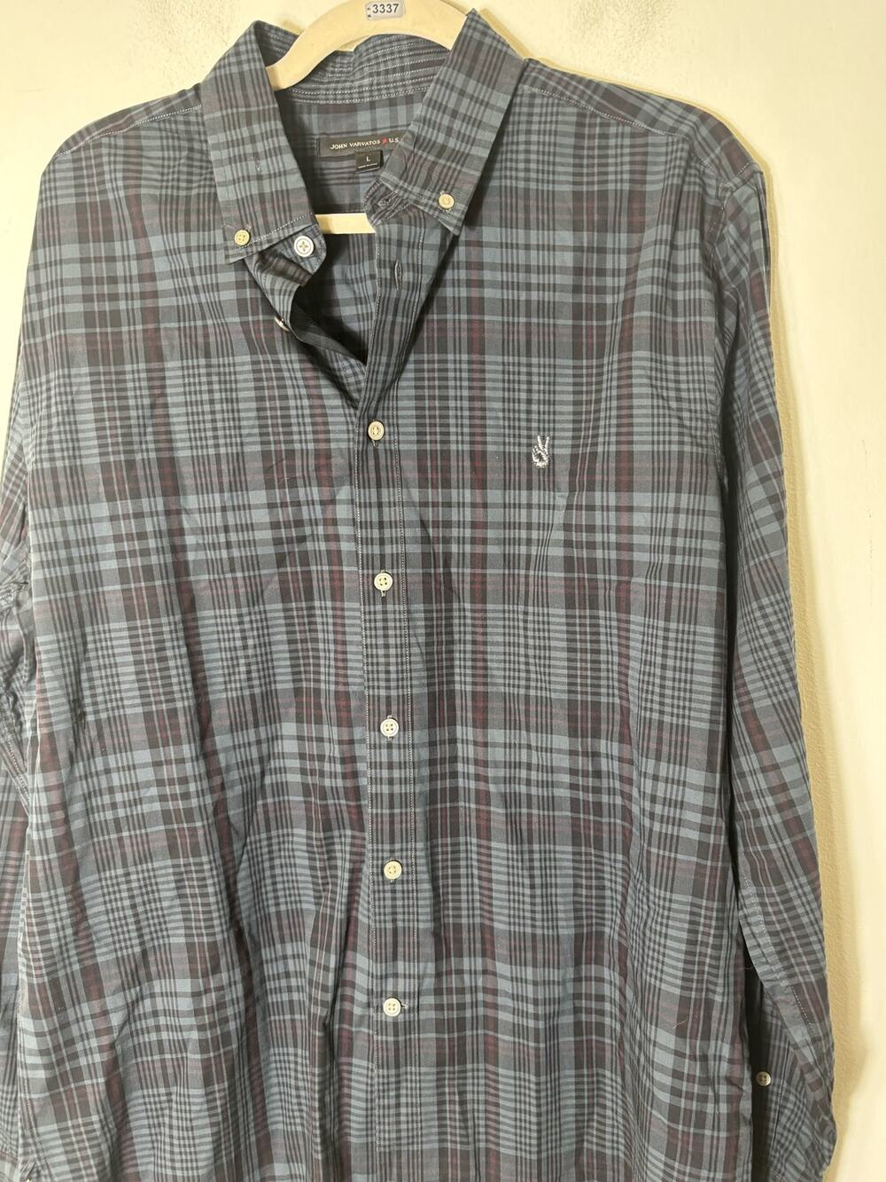 Men's John Varvatos Dark Green and Black Plaid Long Sleeve Button Down Shirt SzM